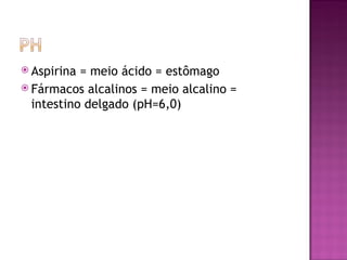  Aspirina = meio ácido = estômago
 Fármacos alcalinos = meio alcalino =
  intestino delgado (pH=6,0)
 