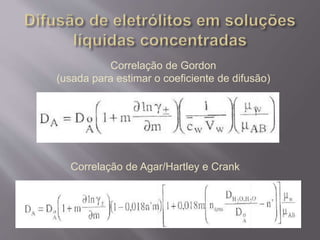 Correlação de Gordon 
(usada para estimar o coeficiente de difusão) 
Correlação de Agar/Hartley e Crank 
