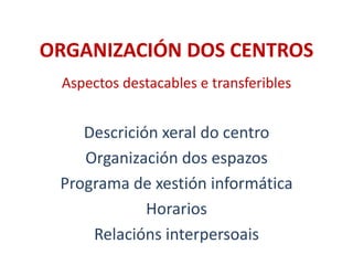 ORGANIZACIÓN DOS CENTROS
Aspectos destacables e transferibles
Descrición xeral do centro
Organización dos espazos
Programa de xestión informática
Horarios
Relacións interpersoais
 