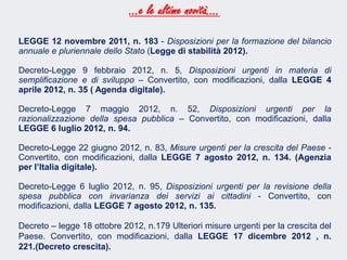 Fare clic per modificare lo stile del sottotitolo dello schema
…e le ultime novità….
LEGGE 12 novembre 2011, n. 183 - Disposizioni per la formazione del bilancio
annuale e pluriennale dello Stato (Legge di stabilità 2012).
Decreto-Legge 9 febbraio 2012, n. 5, Disposizioni urgenti in materia di
semplificazione e di sviluppo – Convertito, con modificazioni, dalla LEGGE 4
aprile 2012, n. 35 ( Agenda digitale).
Decreto-Legge 7 maggio 2012, n. 52, Disposizioni urgenti per la
razionalizzazione della spesa pubblica – Convertito, con modificazioni, dalla
LEGGE 6 luglio 2012, n. 94.
Decreto-Legge 22 giugno 2012, n. 83, Misure urgenti per la crescita del Paese -
Convertito, con modificazioni, dalla LEGGE 7 agosto 2012, n. 134. (Agenzia
per l’Italia digitale).
Decreto-Legge 6 luglio 2012, n. 95, Disposizioni urgenti per la revisione della
spesa pubblica con invarianza dei servizi ai cittadini - Convertito, con
modificazioni, dalla LEGGE 7 agosto 2012, n. 135.
Decreto – legge 18 ottobre 2012, n.179 Ulteriori misure urgenti per la crescita del
Paese. Convertito, con modificazioni, dalla LEGGE 17 dicembre 2012 , n.
221.(Decreto crescita).
 