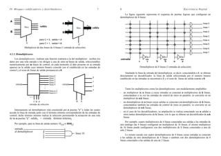 IV. Bloques codificadores y distribuidores 7
C
salidaMux.
A
B
C
salidaMux.
A
B
4
4
4
para C = 0, salida = A
para C = 1, salida = B
Multiplexor de dos buses de 4 líneas (1 entrada de selección)
4.1.3. Demultiplexores
Los demultiplexores realizan una función contraria a la del multiplexor: reciben los
datos por una sola entrada y los dirigen a una de entre n líneas de salida, seleccionables
numéricamente por m líneas de control; en cada momento el dato presente en su entrada
aparece en la salida cuyo número binario coincide con el establecido en las entradas de
control y el resto de líneas de salida permanecen a 0.
línea 0
línea 1
línea 2
línea 3
línea 4
línea n-2
línea n-1
' ' '
C B A
entradas de selección
B A
0
1
2
3
'
'
entrada entrada
Internamente un demultiplexor está constituido por n puertas "y" a todas las cuales
accede la línea de entrada junto con el término mínimo correspondiente de las entradas de
control; dicho término mínimo realiza la selección permitiendo la actuación de una sola
de las n puertas "y": salidai = entrada . término mínimoi .
Por ejemplo, para la línea de salida número 10(10 = 1010(2:
entrada
al demultiplexor d
c
b
a
línea 10
8 Electrónica Digital
La figura siguiente representa el esquema de puertas lógicas que configuran un
demultiplexor de 8 líneas:
c c b b a a
línea 0
línea 1
línea 2
línea 3
línea 4
línea 5
línea 6
línea 7
entrada
Demultiplexor de 8 líneas (3 entradas de selección)
Anulando la línea de entrada del demultiplexor, es decir, conectándola a 1, se obtiene
directamente un decodificador: la línea de salida seleccionada por el número binario
establecido en las entradas se encontrará a 1 y el resto de líneas de salida estarán a 0.
Tanto los multiplexores como los demultiplexores son modularmente ampliables:
- un multiplexor de n líneas a cuyas entradas se conectan n multiplexores de k líneas,
conectándose a su vez las entradas de control de éstos en paralelo, se convierte en un
multiplexor de n.k líneas;
- un demultiplexor de n líneas cuyas salidas se conectan a n demultiplexores de k líneas,
conectándose también las entradas de control de éstos en paralelo, se convierte en un
demultiplexor de n.k líneas;
- en el caso de los decodificadores, su ampliación se realiza conectando sus n salidas a
otros tantos demultiplexores de k líneas, con lo que se obtiene un decodificador de n.k
líneas.
Por ejemplo, cuatro multiplexores de 4 líneas conectadas sus salidas a las entradas de
otro análogo (de 4 líneas) configuran un multiplexor de 16 líneas; el mismo multiplexor
de 16 líneas puede configurarse con dos multiplexores de 8 líneas conectados a uno de
sólo 2 líneas.
Lo mismo sucede con cuatro demultiplexores de 4 líneas cuyas entradas se conectan
a las salidas de otro demultiplexor de 4 líneas o también con dos demultiplexores de 8
líneas conectados a las salidas de uno de 2 líneas.
 