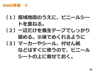 DIGの準備 ５
16
（１）県域地図のうえに、ビニールシー
トを重ねる。
（２）一辺だけを養生テープでしっかり
留める。※後でめくれるように
（３）マーカーやシール、付せん紙
などはすぐに使うので、ビニール
シートの上に載せておく。
 
