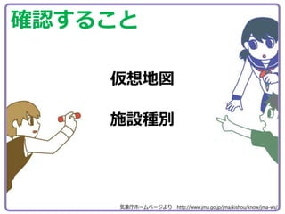 仮想地図
施設種別
確認すること
気象庁ホームページより http://www.jma.go.jp/jma/kishou/know/jma-ws/
 