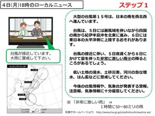 ４日(月)18時のローカルニュース
台風が接近しています。
大雨に警戒して下さい。
ステップ１
大型の台風第１５号は、日本の南を西北西
へ進んでいます。
台風は、５日には暴風域を伴いながら四国
の南から紀伊半島沖を北東に進み、６日には
東日本の太平洋側に上陸するおそれがありま
す。
台風の接近に伴い、５日夜遅くから６日に
かけて雷を伴った非常に激しい雨※の降ると
ころがあるでしょう。
低い土地の浸水、土砂災害、河川の急な増
水、はん濫などに警戒してください。
今後の台風情報や、気象台が発表する警報、
注意報、気象情報に十分留意してください。
※ 「非常に激しい雨」 ⇒
１時間に50～80ミリの雨
気象庁ホームページより http://www.jma.go.jp/jma/kishou/know/jma-ws/
 