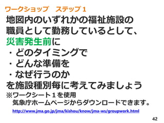 地図内のいずれかの福祉施設の
職員として勤務しているとして、
災害発生前に
・どのタイミングで
・どんな準備を
・なぜ行うのか
を施設種別毎に考えてみましょう
※ワークシート１を使用
気象庁ホームページからダウンロードできます。
http://www.jma.go.jp/jma/kishou/know/jma-ws/groupwork.html
ワークショップ ステップ１
42
 
