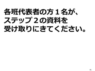 各班代表者の方１名が、
ステップ２の資料を
受け取りにきてください。
45
 