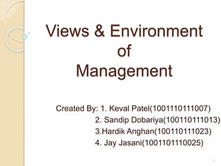 Views & Environment
of
Management
Created By: 1. Keval Patel(1001110111007)
2. Sandip Dobariya(100110111013)
3.Hardik Anghan(100110111023)
4. Jay Jasani(1001101110025)
1
 