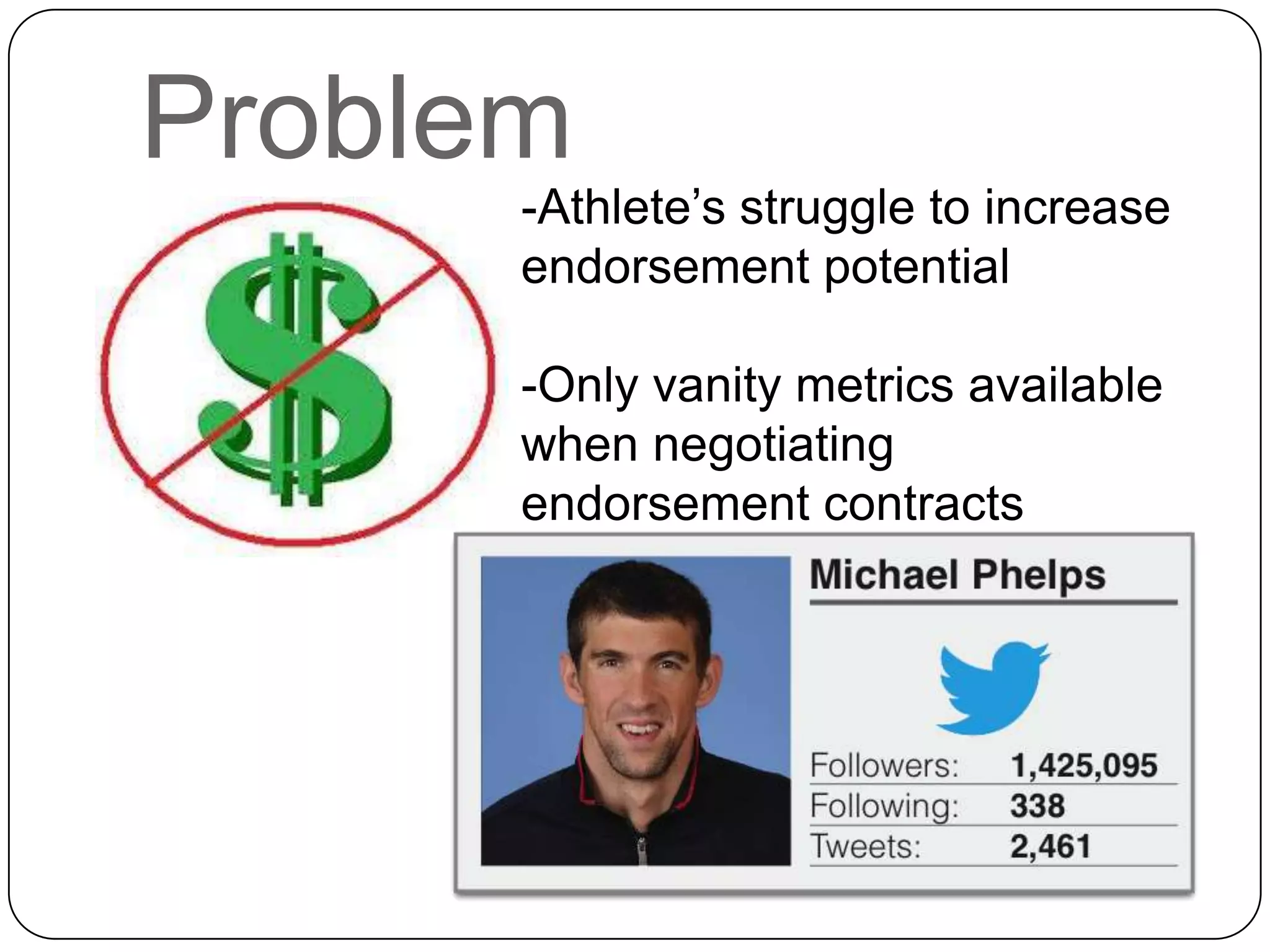Problem
-Athlete’s struggle to increase
endorsement potential
-Only vanity metrics available
when negotiating
endorsement contracts
 