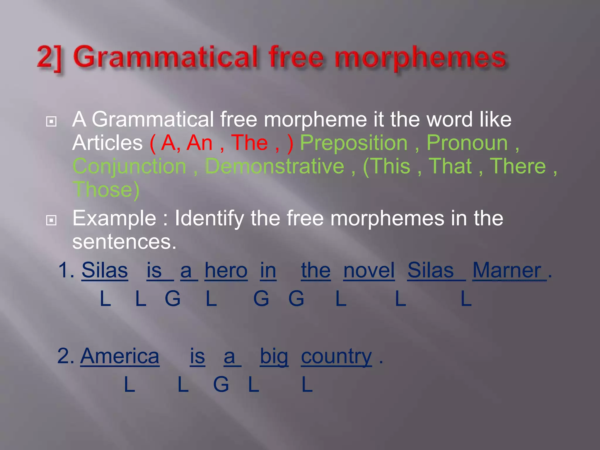  A Grammatical free morpheme it the word like
Articles ( A, An , The , ) Preposition , Pronoun ,
Conjunction , Demonstrative , (This , That , There ,
Those)
 Example : Identify the free morphemes in the
sentences.
1. Silas is a hero in the novel Silas Marner .
L L G L G G L L L
2. America is a big country .
L L G L L
 