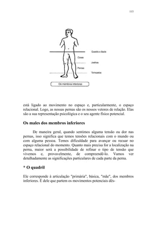 115

está ligado ao movimento no espaço e, particularmente, o espaço
relacional. Logo, as nossas pernas são os nossos vetores de relação. Elas
são a sua representação psicológica e o seu agente físico potencial.

Os males dos membros inferiores
De maneira geral, quando sentimos alguma tensão ou dor nas
pernas, isso significa que temos tensões relacionais com o mundo ou
com alguma pessoa. Temos dificuldade para avançar ou recuar no
espaço relacional do momento. Quanto mais precisa for a localização na
perna, maior será a possibilidade de refinar o tipo de tensão que
vivemos e, provavelmente, de compreendê-lo. Vamos ver
detalhadamente as significações particulares de cada parte da perna.

* O quadril
Ele corresponde à articulação "primária", básica, "mãe", dos membros
inferiores. É dele que partem os movimentos potenciais dês-

 