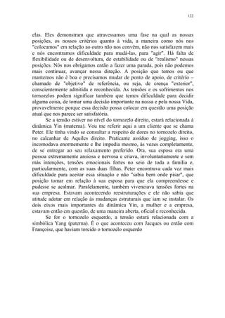 122

elas. Eles demonstram que atravessamos uma fase na qual as nossas
posições, os nossos critérios quanto à vida, a maneira como nós nos
"colocamos" em relação ao outro não nos convêm, não nos satisfazem mais
e nós encontramos dificuldade para mudá-las, para "agir". Há falta de
flexibilidade ou de desenvoltura, de estabilidade ou de "realismo" nessas
posições. Nós nos obrigamos então a fazer uma parada, pois não podemos
mais continuar, avançar nessa direção. A posição que temos ou que
mantemos não é boa e precisamos mudar de ponto de apoio, de critério –
chamado de "objetivo" de referência, ou seja, de crença "exterior",
conscientemente admitida e reconhecida. As tensões e os sofrimentos nos
tornozelos podem significar também que temos dificuldade para decidir
alguma coisa, de tomar uma decisão importante na nossa e pela nossa Vida,
provavelmente porque essa decisão possa colocar em questão uma posição
atual que nos parece ser satisfatória.
Se a tensão estiver no nível do tornozelo direito, estará relacionada à
dinâmica Yin (materna). Vou me referir aqui a um cliente que se chama
Peter. Ele tinha vindo se consultar a respeito de dores no tornozelo direito,
no calcanhar de Aquiles direito. Praticante assíduo de jogging, isso o
incomodava enormemente e lhe impedia mesmo, às vezes completamente,
de se entregar ao seu relaxamento preferido. Ora, sua esposa era uma
pessoa extremamente ansiosa e nervosa e criava, involuntariamente e sem
más intenções, tensões emocionais fortes no seio de toda a família e,
particularmente, com as suas duas filhas. Peter encontrava cada vez mais
dificuldade para aceitar essa situação e não "sabia bem onde pisar", que
posição tomar em relação à sua esposa para que ela compreendesse e
pudesse se acalmar. Paralelamente, também vivenciava tensões fortes na
sua empresa. Estavam acontecendo reestruturações e ele não sabia que
atitude adotar em relação às mudanças estruturais que iam se instalar. Os
dois eixos mais importantes da dinâmica Yin, a mulher e a empresa,
estavam então em questão, de uma maneira aberta, oficial e reconhecida.
Se for o tornozelo esquerdo, a tensão estará relacionada com a
simbólica Yang (paterna). É o que aconteceu com Jacques ou então com
Françoise, que haviam torcido o tornozelo esquerdo

 