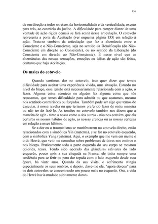 136

de em direção a todos os eixos da horizontalidade e da verticalidade, exceto
para trás, ao contrário do joelho. A dificuldade para romper diante de uma
vontade de ação rígida demais se fará sentir nessa articulação. O cotovelo
representa a porta da Aceitação (ver esquema página 133) em relação à
ação. Trata-se também da articulação que faz a alternância entre o
Consciente e o Não-Consciente, seja no sentido da Densificação (do NãoConsciente em direção ao Consciente), ou no sentido da Liberação (do
Consciente em direção ao Não-Consciente). É nesse nível que as
alternâncias das nossas sensações, emoções ou idéias de ação são feitas,
contanto que haja Aceitação.

Os males do cotovelo
Quando sentimos dor no cotovelo, isso quer dizer que temos
dificuldade para aceitar uma experiência vivida, uma situação. Estando no
nível do braço, essa tensão está necessariamente relacionada com a ação, o
fazer. Alguma coisa acontece ou alguém faz alguma coisa que nós
recusamos, que temos dificuldade para admitir ou que acatamos, mesmo
nos sentindo contrariados ou forçados. Também pode ser algo que temos de
executar, à nossa revelia ou que teríamos preferido fazer de outra maneira
ou não ter de fazê-lo. As tensões no cotovelo também nos dizem que a
maneira de agir - tanto a nossa como a dos outros - não nos convém, que ela
perturba os nossos hábitos de ação, as nossas crenças ou as nossas certezas
em relação a esses hábitos.
Se a dor ou o traumatismo se manifestarem no cotovelo direito, estão
relacionados com a simbólica Yin (materna), e se for no cotovelo esquerdo,
com a simbólica Yang (paterna). Aqui, o exemplo que me vem em mente é
o do Hervé, que veio me consultar sobre problemas de dores nos ombros e
nos bíceps. Praticamente toda a parte esquerda do seu corpo se mostrou
dolorida, tensa. Tendo sido operado das glândulas salivares do lado
esquerdo, pouco após a sua chegada na França, ele tinha sempre uma
tendência para se ferir ou para dar topada com o lado esquerdo desde essa
época, há vinte anos. Quando da sua visita, o sofrimento atingia
especialmente os seus ombros, e depois, disse-me ele, "agora desceu" para
os dois cotovelos se concentrando um pouco mais no esquerdo. Ora, a vida
do Hervé havia mudado subitamente duran-

 