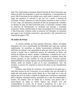 145

ação. Eles representam a passagem depois da porta do Não-Consciente, que
chamo de porta da Integração, o ponto de emergência, o ressurgimento do
nosso Não-Consciente na sua relação com a ação sobre o mundo e os seres
(logo nós mesmos). O cotovelo é, por sua vez, a porta, a barreira da
Aceitação. O braço, disposto em volta do úmero, encontra-se entre os dois e
os une. Logo, ele representa a projeção da fase de passagem das vontades,
ou desejos de ação, do Não-Consciente para o Consciente. Estamos então
no processo de Densificação, no momento que precede a Aceitação
consciente. Porém, também pode se tratar da passagem do Consciente para
o Não-Consciente. Estamos então no processo de Liberação, no momento
que segue à sua Aceitação consciente e que precede a não consciente (ver
esquema da página 149).

Os males do braço
As tensões sentidas no braço (pontos dolorosos, cãibras, nevralgias
branquiais etc.) são a manifestação da dificuldade para agir que a pessoa
experimenta. As memórias ou feridas inconscientes profundas de um
indivíduo em relação à sua capacidade de ação que vêm à tona e que este se
recusar a aceitar vão se manifestar através do sofrimento no braço, até
mesmo de fraturas no úmero, quando a lembrança, a memória que vem à
superfície é forte demais ou quando ela transtorna a estrutura (osso) das
crenças pessoais ou das escolhas de vida da pessoa. Fracasso pessoal,
impossibilidade de realizar alguma coisa profissionalmente ou no âmbito da
família, medo em relação à ação ou às suas conseqüências -eles vão
escolher, se preciso for, exprimir-se através das dores ou dos traumatismos
nos braços.
Podemos estar diante de vivências e de experiências de ações que o
indivíduo aceitou no seu Consciente, no seu mental, mas que não pode ou
ainda não está pronto para aceitar dentro de si. Esse pode ser o caso de
alguém que teve de ceder a respeito de alguma que considerava importante
para si (projeto, realização técnica, promoção etc.) e que ele compreendeu e
aceitou. No entanto, bem no fundo de si mesmo, essa pessoa não o
aceita.Apesar de todas as razões lógicas que fizeram com que
compreendesse as coisas, ela se recusa a integrá-las. Se a dor ou o
traumatismo se localizar no úmero, isso significa que a tensão está liga-

 