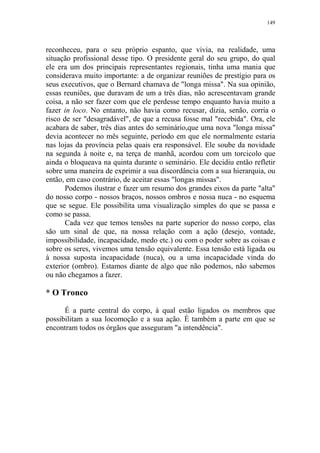 149

reconheceu, para o seu próprio espanto, que vivia, na realidade, uma
situação profissional desse tipo. O presidente geral do seu grupo, do qual
ele era um dos principais representantes regionais, tinha uma mania que
considerava muito importante: a de organizar reuniões de prestígio para os
seus executivos, que o Bernard chamava de "longa missa". Na sua opinião,
essas reuniões, que duravam de um a três dias, não acrescentavam grande
coisa, a não ser fazer com que ele perdesse tempo enquanto havia muito a
fazer in loco. No entanto, não havia como recusar, dizia, senão, corria o
risco de ser "desagradável", de que a recusa fosse mal "recebida". Ora, ele
acabara de saber, três dias antes do seminário,que uma nova "longa missa"
devia acontecer no mês seguinte, período em que ele normalmente estaria
nas lojas da província pelas quais era responsável. Ele soube da novidade
na segunda à noite e, na terça de manhã, acordou com um torcicolo que
ainda o bloqueava na quinta durante o seminário. Ele decidiu então refletir
sobre uma maneira de exprimir a sua discordância com a sua hierarquia, ou
então, em caso contrário, de aceitar essas "longas missas".
Podemos ilustrar e fazer um resumo dos grandes eixos da parte "alta"
do nosso corpo - nossos braços, nossos ombros e nossa nuca - no esquema
que se segue. Ele possibilita uma visualização simples do que se passa e
como se passa.
Cada vez que temos tensões na parte superior do nosso corpo, elas
são um sinal de que, na nossa relação com a ação (desejo, vontade,
impossibilidade, incapacidade, medo etc.) ou com o poder sobre as coisas e
sobre os seres, vivemos uma tensão equivalente. Essa tensão está ligada ou
à nossa suposta incapacidade (nuca), ou a uma incapacidade vinda do
exterior (ombro). Estamos diante de algo que não podemos, não sabemos
ou não chegamos a fazer.

* O Tronco
É a parte central do corpo, à qual estão ligados os membros que
possibilitam a sua locomoção e a sua ação. É também a parte em que se
encontram todos os órgãos que asseguram "a intendência".

 