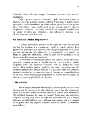160

tribuição clássica feita pelo sangue. O mesmo processo existe no nível
energético.
Órgão ligado ao sistema respiratório, a pele também faz o papel de
proteção do corpo perante o mundo exterior. Capa flexível porém eficaz,
protege o corpo da maioria das agressões, seja as que se devem aos agentes
ativos (micróbios, vírus, insetos etc.) ou aos agentes passivos (poeira,
temperatura, chuva etc.). Receptora essencial, tem um papel preponderante
na gestão protetora dos estímulos e das solicitações externas e na
cicatrização das eventuais feridas.

Os males do sistema respiratório
O sistema respiratório pertence ao Princípio do Metal, em que uma
das funções principais é a proteção em relação ao mundo exterior. Essa
proteção se exerce por dois motivos: pela filtragem da poeira e das trocas
gasosas (rejeição do gás carbônico) e pela capacidade de responder, de
reagir às "agressões" ambientais. Outra das suas funções essenciais é a da
cicatrização, do fechamento das feridas.
Os problemas do sistema respiratório nos falam da nossa dificuldade
para nos proteger perante o mundo exterior, para encontrar reações
adaptadas diante das agressões eventuais, reais ou imaginárias, desse
mundo. Eles também podem significar que não conseguimos ou não
queremos fechar certas feridas da nossa vida e, dessa forma, nos falam das
nossas eventuais tristezas, ressentimentos ou rancores, da nossa dificuldade
ou da nossa recusa em esquecer, em perdoar, até mesmo do nosso desejo de
acertar as contas ou, pior ainda, de vingança.

* Os pulmões
São os órgãos principais da respiração. É neles que se realiza a troca
fundamental do oxigênio e do gás carbônico, sem a qual não poderíamos
viver. Isso se passa dentro de bolsas minúsculas (temos aproximadamente
300 milhões) chamadas de "sacos alveolares". Esses sacos são muito bem
irrigados por pequenos vasos, os capilares, que permitem que o sangue
(glóbulos vermelhos) libere o gás carbônico que contém e que se recarregue
de oxigênio para, em seguida, alimentar todas as células. A membrana
desses alveo-

 