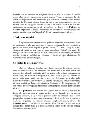 172

impedir que as emoções se estagnem dentro de nós. A vivência é sentida
como algo morno, sem paixão e sem alegria. Temos a sensação de não
saber, de impotência para fazer com que as nossas vontades ou os nossos
desejos de felicidade vivam dentro de nós e nas nossas relações com os
outros. Eles se estagnam dentro de nós e às vezes fazem com que um
sentimento de desânimo ou de impotência se desenvolva. Flebites ou
varizes exprimem o nosso sentimento de submissão, de obrigação em
aceitar as coisas que nos "impedem" de ser verdadeiramente felizes.

*O sistema arterial
É aquele que está representado pela cor vermelha nos mesmos Atlas
de anatomia. É ele que transporta o sangue enriquecido pelo oxigênio e
pelos nutrientes pelos órgãos e pelas células. É o lado Yang do nosso
sistema circulatório, que exerce uma assistência "ativa" por parte do
coração na circulação. Através da sua capacidade de se contrair, o sistema
arterial alivia o trabalho do coração. Trata-se do que chamamos de
vasoconstrição e vasodilatação.

Os males do sistema arterial
Eles nos falam de tensões equivalentes àquelas do sistema venoso,
mas no sentido ativo. As emoções são excessivas e se manifestam em
excesso (jovialidade, excitação etc.) ou então estão retidas, sufocadas. A
dificuldade, até mesmo a incapacidade, para fazer o que for preciso na
nossa vida para sentir alegria, prazer ou felicidade se traduz pela
hipertensão arterial. Ao contrário do sistema venoso, não temos a impressão
de estar sendo impedidos, mas sobretudo de não saber, de não poder, de não
ser ou não ter sido capazes de arrumar um lugar para o amor, para a alegria
de viver.
A hipertensão nos mostra uma grande tensão devida à vontade de
busca de solução, mas o medo, muitas vezes, impede que as nossas
emoções existam, o que faz a pressão subir no interior. Tudo toma
proporções excessivas que nos amedrontam. Esse medo nos cristaliza e
endurece a parede das nossas artérias, ampliando assim, através da
arteriosclerose, o fenômeno da tensão. Um dos medos fundamentais
associados à hipertensão é o medo da morte; temos medo que ela chegue
antes que tenhamos podi-

 