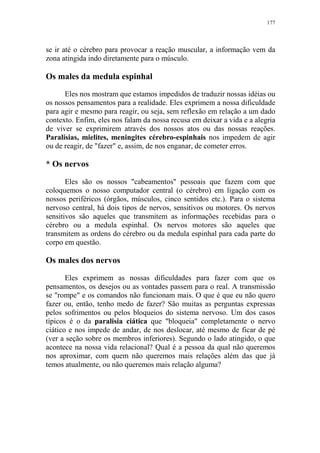 177

se ir até o cérebro para provocar a reação muscular, a informação vem da
zona atingida indo diretamente para o músculo.

Os males da medula espinhal
Eles nos mostram que estamos impedidos de traduzir nossas idéias ou
os nossos pensamentos para a realidade. Eles exprimem a nossa dificuldade
para agir e mesmo para reagir, ou seja, sem reflexão em relação a um dado
contexto. Enfim, eles nos falam da nossa recusa em deixar a vida e a alegria
de viver se exprimirem através dos nossos atos ou das nossas reações.
Paralisias, mielites, meningites cérebro-espinhais nos impedem de agir
ou de reagir, de "fazer" e, assim, de nos enganar, de cometer erros.

* Os nervos
Eles são os nossos "cabeamentos" pessoais que fazem com que
coloquemos o nosso computador central (o cérebro) em ligação com os
nossos periféricos (órgãos, músculos, cinco sentidos etc.). Para o sistema
nervoso central, há dois tipos de nervos, sensitivos ou motores. Os nervos
sensitivos são aqueles que transmitem as informações recebidas para o
cérebro ou a medula espinhal. Os nervos motores são aqueles que
transmitem as ordens do cérebro ou da medula espinhal para cada parte do
corpo em questão.

Os males dos nervos
Eles exprimem as nossas dificuldades para fazer com que os
pensamentos, os desejos ou as vontades passem para o real. A transmissão
se "rompe" e os comandos não funcionam mais. O que é que eu não quero
fazer ou, então, tenho medo de fazer? São muitas as perguntas expressas
pelos sofrimentos ou pelos bloqueios do sistema nervoso. Um dos casos
típicos é o da paralisia ciática que "bloqueia" completamente o nervo
ciático e nos impede de andar, de nos deslocar, até mesmo de ficar de pé
(ver a seção sobre os membros inferiores). Segundo o lado atingido, o que
acontece na nossa vida relacional? Qual é a pessoa da qual não queremos
nos aproximar, com quem não queremos mais relações além das que já
temos atualmente, ou não queremos mais relação alguma?

 