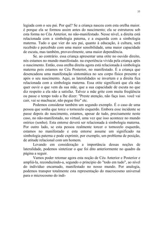 35

legiada com o seu pai. Por quê? Se a criança nasceu com esta orelha maior.
é porque ela se formou assim antes do nascimento; ela se estruturou sob
esta forma no Céu Anterior, no não-manifestado. Nesse nível, a direita está
relacionada com a simbologia paterna, e a esquerda com a simbologia
materna. Tudo o que vier do seu pai, quanto à educação, à cultura, será
recebido e percebido com uma maior sensibilidade, uma maior capacidade
de escuta, mas também, provavelmente, uma maior dependência.
Se. ao contrário. essa criança apresentar uma otite no ouvido direito,
nós estamos no mundo manifestado. na experiência vivida pela criança após
o nascimento. Então, essa orelha direita agora está relacionada à simbologia
materna pois estamos no Céu Posterior, no manifestado. É a criança que
desencadeou uma manifestação sintomática no seu corpo físico presente e
após o seu nascimento. Aqui, as lateralidades se invertem e a direita fica
relacionada com a simbologia materna. Essa otite significará que ela não
quer ouvir o que vem da sua mãe, que a sua capacidade de escuta no que
diz respeito a ela não a satisfaz. Talvez a mãe grite com muita freqüência
ou passe o tempo todo a lhe dizer: "Preste atenção, não faça isso. você vai
cair, vai se machucar, não pegue frio" etc.
Podemos considerar também um segundo exemplo. É o caso de uma
pessoa que sonha que torce o tornozelo esquerdo. Embora esse incidente se
passe depois do nascimento, estamos, apesar de tudo, precisamente neste
caso, no não-manifestado, no virtual, uma vez que isso acontece no mundo
onírico (sonho). Esta entorse deverá ser relacionada à simbologia materna.
Por outro lado, se esta pessoa realmente torcer o tornozelo esquerdo,
estamos no manifestado e esta entorse assume um significado na
simbologia paterna e pode exprimir, por exemplo, um problema de posição,
de atitude relacional com um homem.
Levando em consideração a importância dessas noções de
lateralidade, podemos sintetizar o que foi dito anteriormente no quadro da
página a seguir.
Vamos poder retomar agora esta noção de Céu Anterior e Posterior e
ampliá-la, reconduzindo-a, segundo o principio do "todo em tudo", ao nível
do indivíduo encarnado, manifestado no nosso mundo. Por analogia,
podemos transpor totalmente esta representação do macrocosmo universal
para o microcosmo do indi-

 