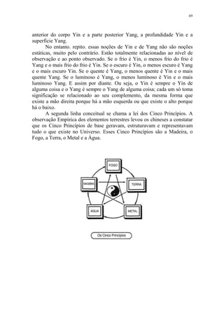 69

anterior do corpo Yin e a parte posterior Yang, a profundidade Yin e a
superfície Yang.
No entanto. repito. essas noções de Yin e de Yang não são noções
estáticas, muito pelo contrário. Estão totalmente relacionadas ao nível de
observação e ao ponto observado. Se o frio é Yin, o menos frio do frio é
Yang e o mais frio do frio é Yin. Se o escuro é Yin, o menos escuro é Yang
e o mais escuro Yin. Se o quente é Yang, o menos quente é Yin e o mais
quente Yang. Se o luminoso é Yang, o menos luminoso é Yin e o mais
luminoso Yang. E assim por diante. Ou seja, o Yin é sempre o Yin de
alguma coisa e o Yang é sempre o Yang de alguma coisa; cada um só toma
significação se relacionado ao seu complemento, da mesma forma que
existe a mão direita porque há a mão esquerda ou que existe o alto porque
há o baixo.
A segunda linha conceitual se chama a lei dos Cinco Princípios. A
observação Empírica dos elementos terrestres levou os chineses a constatar
que os Cinco Princípios de base geravam, estruturavam e representavam
tudo o que existe no Universo. Esses Cinco Princípios são a Madeira, o
Fogo, a Terra, o Metal e a Água.

 