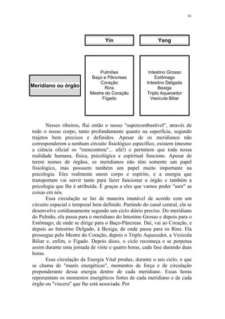 81

Yin

Meridiano ou órgão

Yang

Pulmões
Baço e Pâncreas
Coração
Rins
Mestre do Coração
Fígado

Intestino Grosso
Estômago
Intestino Delgado
Bexiga
Triplo Aquecedor
Vesícula Biliar

Nesses ribeiros, flui então o nosso "supercombustível", através de
todo o nosso corpo, tanto profundamente quanto na superfície, segundo
trajetos bem precisos e definidos. Apesar de os meridianos não
corresponderem a nenhum circuito fisiológico específico, existem (mesmo
a ciência oficial os "reencontrou"... ufa!) e permitem que toda nossa
realidade humana, física, psicológica e espiritual funcione. Apesar de
terem nomes de órgãos, os meridianos não têm somente um papel
fisiológico, mas possuem também um papel muito importante na
psicologia. Eles realmente unem corpo e espírito, e a energia que
transportam vai servir tanto para fazer funcionar o órgão e também a
psicologia que lhe é atribuída. É graças a eles que vamos poder "unir" as
coisas em nós.
Essa circulação se faz de maneira imutável de acordo com um
circuito espacial e temporal bem definido. Partindo do canal central, ela se
desenvolve cotidianamente segundo um ciclo diário preciso. Do meridiano
do Pulmão, ela passa para o meridiano do Intestino Grosso e depois para o
Estômago, de onde se dirige para o Baço-Pâncreas. Daí, vai ao Coração, e
depois ao Intestino Delgado, à Bexiga, de onde passa para os Rins. Ela
prossegue pelo Mestre do Coração, depois o Triplo Aquecedor, a Vesícula
Biliar e, enfim, o Fígado. Depois disso, o ciclo recomeça e se perpetua
assim durante uma jornada de vinte e quatro horas, cada fase durando duas
horas.
Essa circulação da Energia Vital produz, durante o seu ciclo, o que
se chama de "marés energéticas", momentos de força e de circulação
preponderante dessa energia dentro de cada meridiano. Essas horas
representam os momentos energéticos fortes de cada meridiano e de cada
órgão ou "víscera" que lhe está associada. Por

 