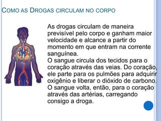 COMO AS DROGAS CIRCULAM NO CORPO
As drogas circulam de maneira
previsível pelo corpo e ganham maior
velocidade e alcance a partir do
momento em que entram na corrente
sanguínea.
O sangue circula dos tecidos para o
coração através das veias. Do coração,
ele parte para os pulmões para adquirir
oxigênio e liberar o dióxido de carbono.
O sangue volta, então, para o coração
através das artérias, carregando
consigo a droga.
 