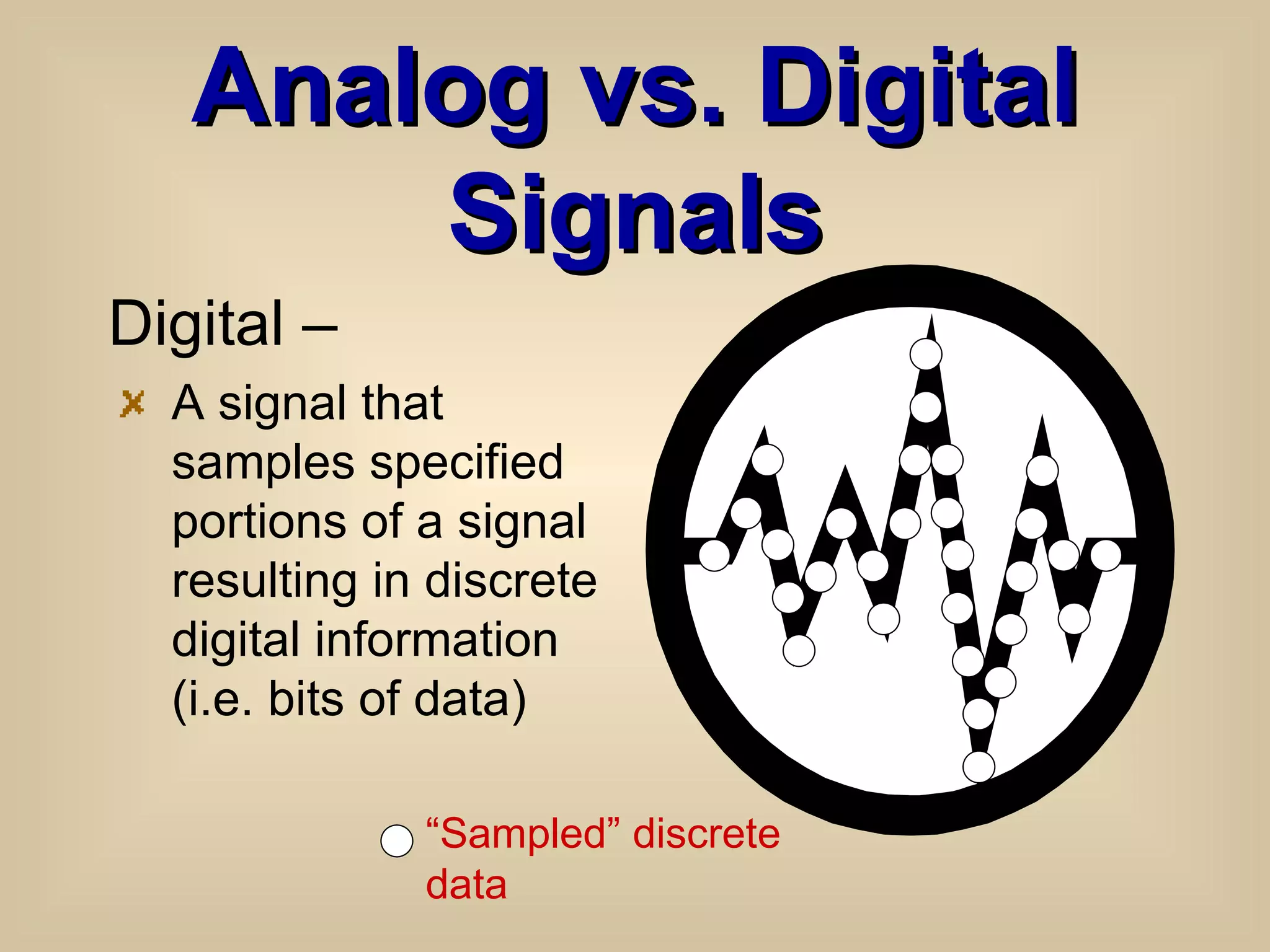 Analog vs. Digital Signals Digital – A signal that samples specified portions of a signal resulting in discrete digital information (i.e. bits of data) “ Sampled” discrete data 
