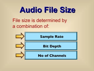 Audio File Size File size is determined by a combination of: Bit Depth Sample Rate No of Channels 