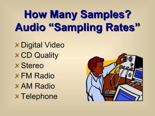How Many Samples? Audio “Sampling Rates” Digital Video CD Quality Stereo FM Radio AM Radio Telephone 