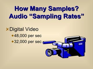 How Many Samples? Audio “Sampling Rates” Digital Video 48,000 per sec 32,000 per sec  