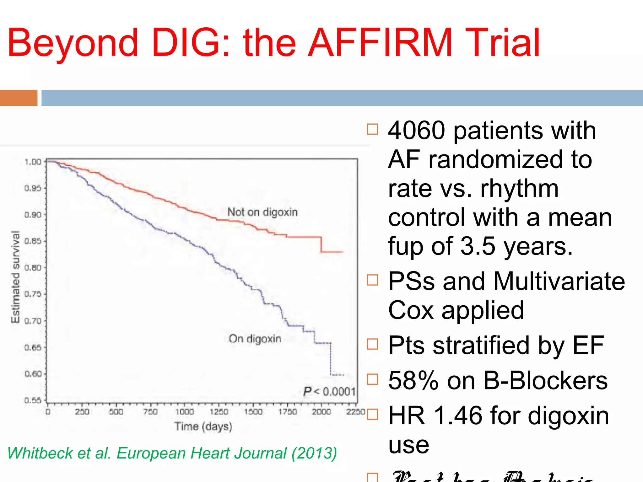 Beyond DIG: the AFFIRM Trial
 4060 patients with
AF randomized to
rate vs. rhythm
control with a mean
fup of 3.5 years.
 PSs and Multivariate
Cox applied
 Pts stratified by EF
 58% on B-Blockers
 HR 1.46 for digoxin
useWhitbeck et al. European Heart Journal (2013)
 