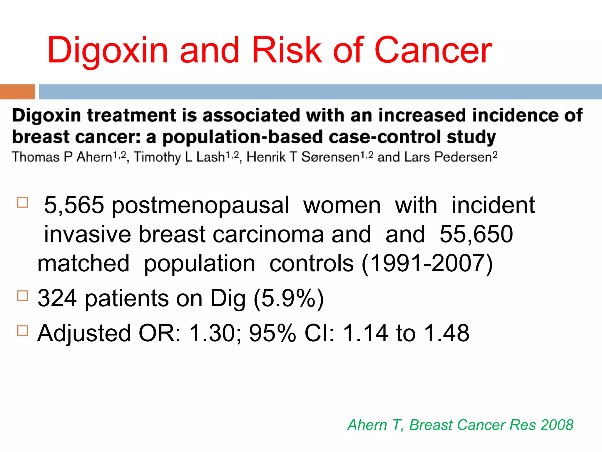 Digoxin and Risk of Cancer
 5,565 postmenopausal women with incident
invasive breast carcinoma and and 55,650
matched population controls (1991-2007)
 324 patients on Dig (5.9%)
 Adjusted OR: 1.30; 95% CI: 1.14 to 1.48
Ahern T, Breast Cancer Res 2008
 
