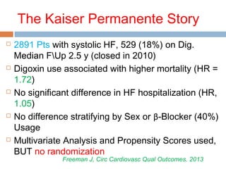 The Kaiser Permanente Story
 2891 Pts with systolic HF, 529 (18%) on Dig.
Median FUp 2.5 y (closed in 2010)
 Digoxin use associated with higher mortality (HR =
1.72)
 No significant difference in HF hospitalization (HR,
1.05)
 No difference stratifying by Sex or β-Blocker (40%)
Usage
 Multivariate Analysis and Propensity Scores used,
BUT no randomization
Freeman J, Circ Cardiovasc Qual Outcomes. 2013
 