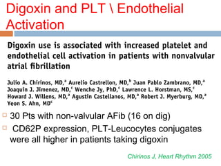 Digoxin and PLT  Endothelial
Activation
 30 Pts with non-valvular AFib (16 on dig)
 CD62P expression, PLT-Leucocytes conjugates
were all higher in patients taking digoxin
Chirinos J, Heart Rhythm 2005
 