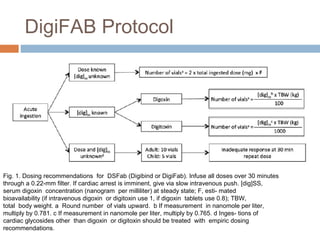 DigiFAB Protocol
Fig. 1. Dosing recommendations for DSFab (Digibind or DigiFab). Infuse all doses over 30 minutes
through a 0.22-mm filter. If cardiac arrest is imminent, give via slow intravenous push. [dig]SS,
serum digoxin concentration (nanogram per milliliter) at steady state; F, esti- mated
bioavailability (if intravenous digoxin or digitoxin use 1, if digoxin tablets use 0.8); TBW,
total body weight. a Round number of vials upward. b If measurement in nanomole per liter,
multiply by 0.781. c If measurement in nanomole per liter, multiply by 0.765. d Inges- tions of
cardiac glycosides other than digoxin or digitoxin should be treated with empiric dosing
recommendations.
 