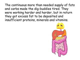 The continuous more than needed supply of fats
and carbs made the dig-buddies tired. They
were working harder and harder, but in return
they got excess fat to be deposited and
insufficient proteins, minerals and vitamins.
 