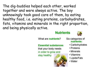 The dig-buddies helped each other, worked
together and were always active. The boy
unknowingly took good care of them, by eating
healthy food, i.e. eating proteins, carbohydrates,
fats, vitamins and minerals in the right proportion,
and being physically active.
 