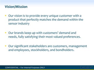 Vision/MissionOur vision is to provide every unique customer with a product that perfectly matches the demand within the sensor industryOur brands keep up with customers’ demand and needs, fully satisfying their most valued preferences. Our significant stakeholders are customers, management and employees, stockholders, and bondholders. 