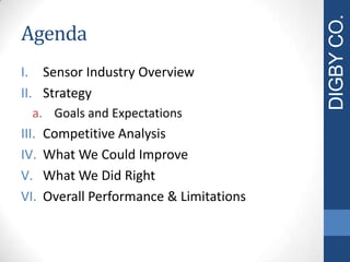 Agenda
I. Sensor Industry Overview
II. Strategy
a. Goals and Expectations
III. Competitive Analysis
IV. What We Could Improve
V. What We Did Right
VI. Overall Performance & Limitations
DIGBYCO.
 