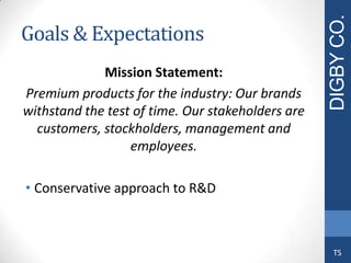 Goals & Expectations
Mission Statement:
Premium products for the industry: Our brands
withstand the test of time. Our stakeholders are
customers, stockholders, management and
employees.
• Conservative approach to R&D
DIGBYCO.
TS
 