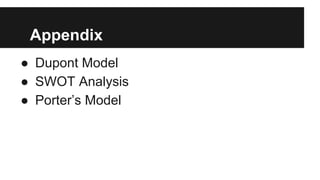 Appendix
● Dupont Model
● SWOT Analysis
● Porter’s Model
 