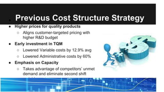 Previous Cost Structure Strategy●
● Higher prices for quality products
○ Aligns customer-targeted pricing with
higher R&D budget
● Early investment in TQM
○ Lowered Variable costs by 12.9% avg
○ Lowered Administrative costs by 60%
● Emphasis on Capacity
○ Takes advantage of competitors’ unmet
demand and eliminate second shift
variable costs
 