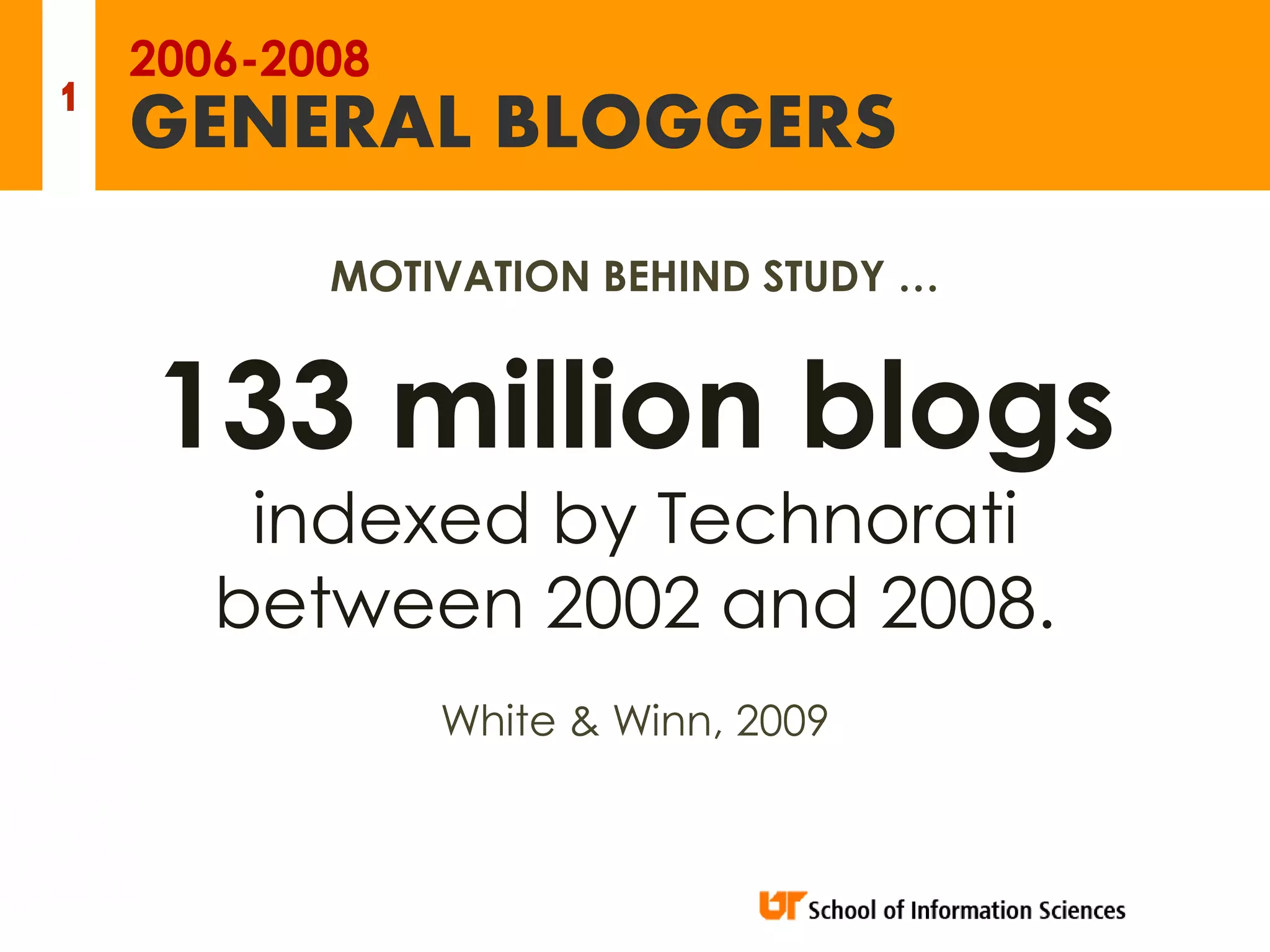 2006-2008
1
    GENERAL BLOGGERS
           MOTIVATION BEHIND STUDY …


    133 million blogs
        indexed by Technorati
       between 2002 and 2008.
                White & Winn, 2009
 