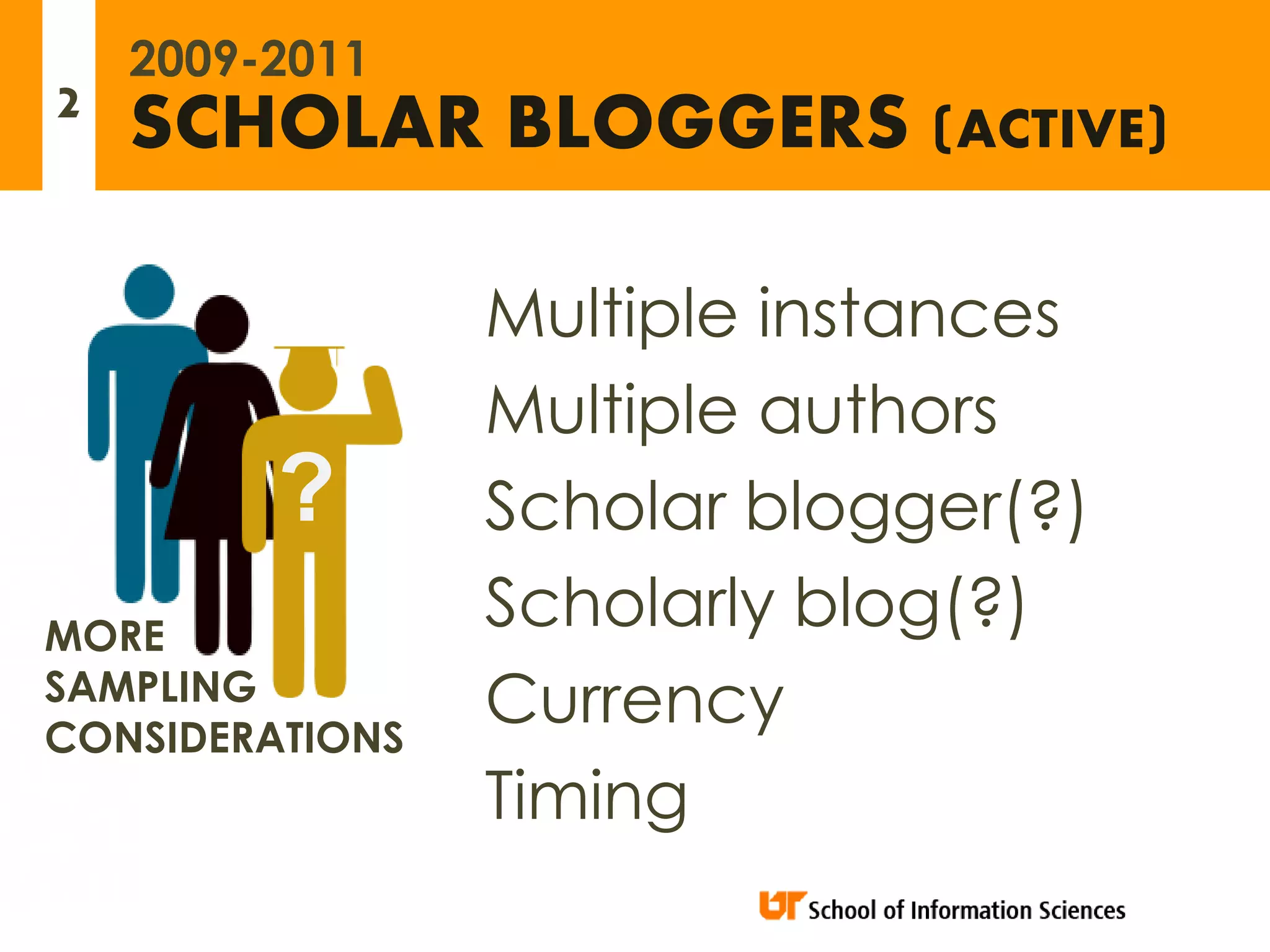 2009-2011
2   SCHOLAR BLOGGERS (ACTIVE)

                 Multiple instances
                 Multiple authors
         ?       Scholar blogger(?)
MORE
                 Scholarly blog(?)
SAMPLING
CONSIDERATIONS
                 Currency
                 Timing
 