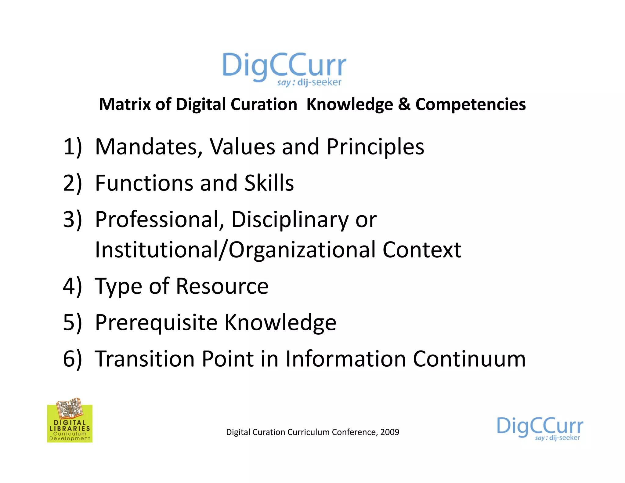 Matrix of Digital Curation Knowledge & Competencies

1) Mandates Values and Principles
   Mandates,
2) Functions and Skills
3) Professional, Disciplinary or
       f i     l i i li
   Institutional/Organizational Context
4) Type of Resource
5) Prerequisite Knowledge
 )       q                g
6) Transition Point in Information Continuum

                  Digital Curation Curriculum Conference, 2009
 