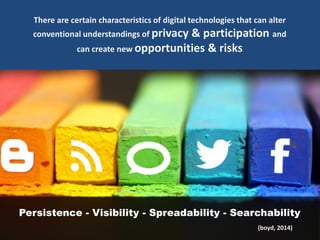 There are certain characteristics of digital technologies that can alter
conventional understandings of privacy & participation and
can create new opportunities & risks
Persistence - Visibility - Spreadability - Searchability
(boyd, 2014)
 