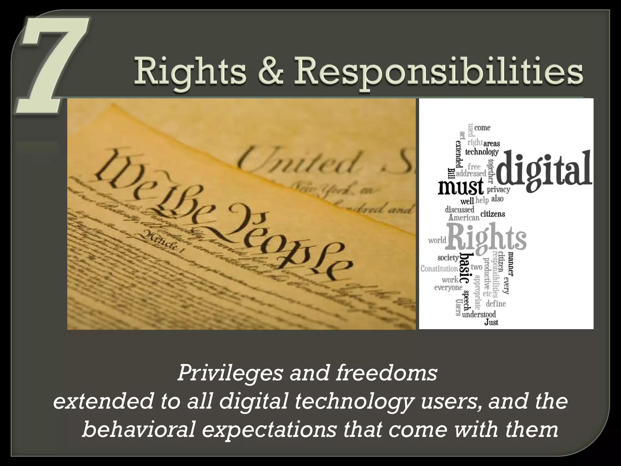 Privileges and freedoms  extended to all digital technology users, and the behavioral expectations that come with them 