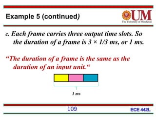 Example 5 (continued)
c. Each frame carries three output time slots. So

the duration of a frame is 3 × 1/3 ms, or 1 ms.
“The duration of a frame is the same as the
duration of an input unit.“

1 ms

109

 