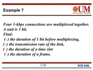 Example 7
Four 1-kbps connections are multiplexed together.
A unit is 1 bit.
Find:
(a) the duration of 1 bit before multiplexing,
(b) the transmission rate of the link,
(c) the duration of a time slot
(d) the duration of a frame.
114

 