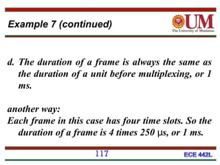 Example 7 (continued)

d. The duration of a frame is always the same as
the duration of a unit before multiplexing, or 1
ms.
another way:
Each frame in this case has four time slots. So the
duration of a frame is 4 times 250 μs, or 1 ms.
117

 