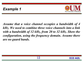 Example 1

Assume that a voice channel occupies a bandwidth of 4
kHz. We need to combine three voice channels into a link
with a bandwidth of 12 kHz, from 20 to 32 kHz. Show the
configuration, using the frequency domain. Assume there
are no guard bands.

12

 